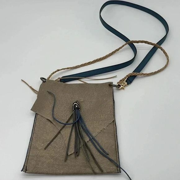 Unbranded Handbags - Echoes Handmade Raw Edge Leather Crossbody Bag Taupe Fringe Tassel Boho